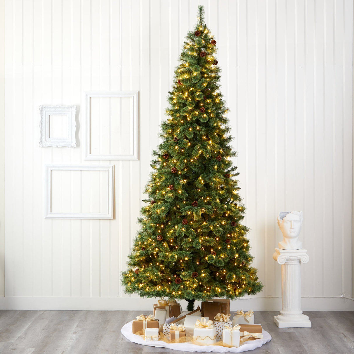 10’ White Mountain Pine Artificial Christmas Tree with 850 Clear LED Lights and Pine Cones from Nearly Natural