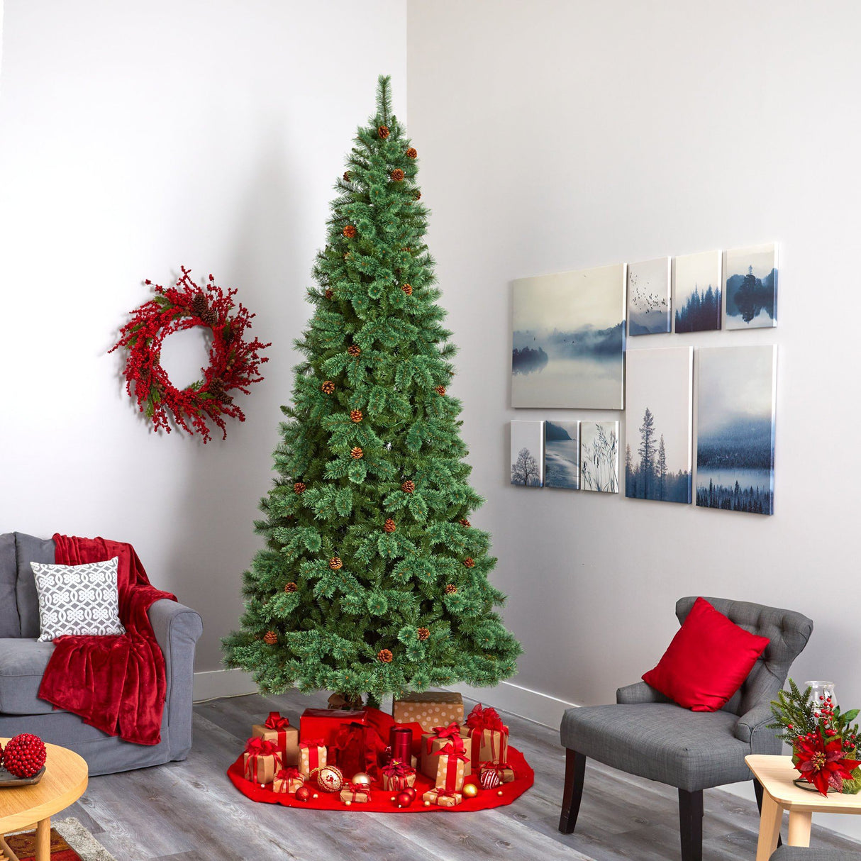 10’ White Mountain Pine Artificial Christmas Tree with 850 Clear LED Lights and Pine Cones from Nearly Natural