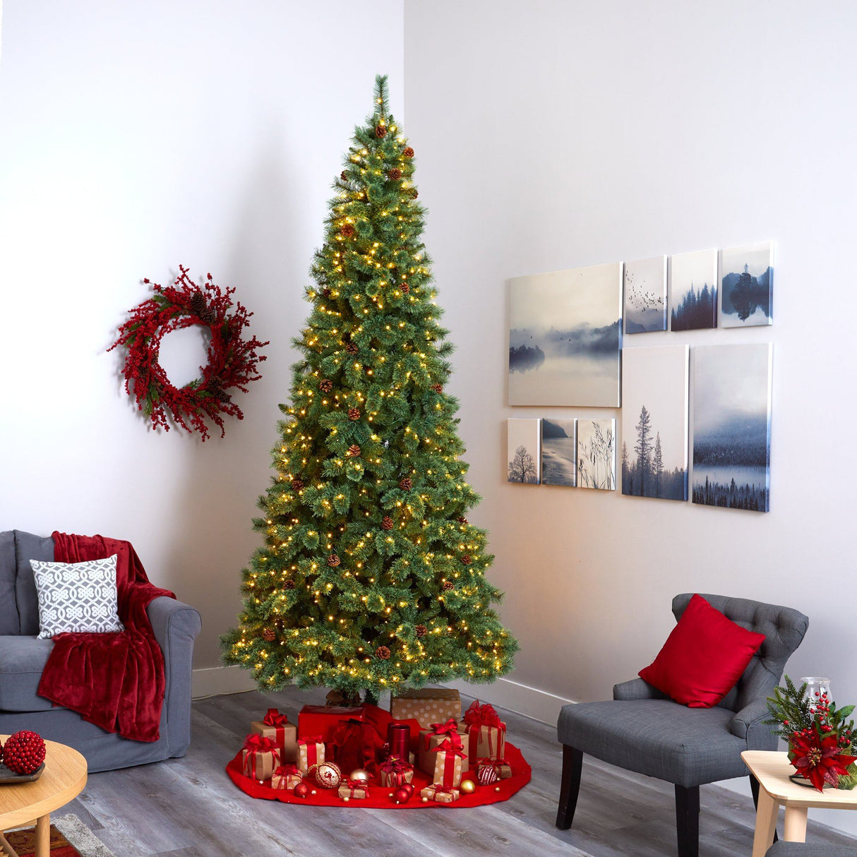 10’ White Mountain Pine Artificial Christmas Tree with 850 Clear LED Lights and Pine Cones from Nearly Natural
