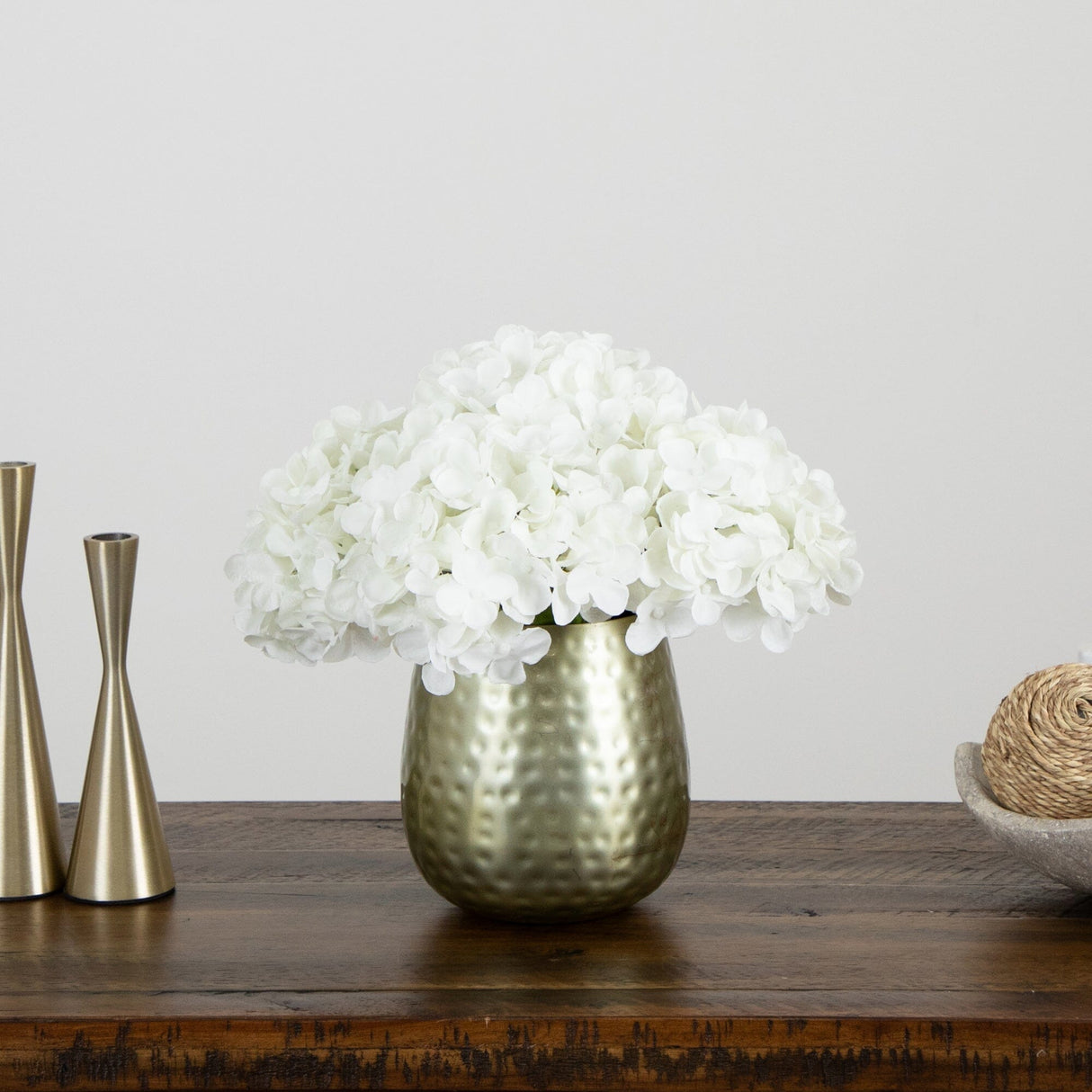 11” Artificial Hydrangea Arrangement in Gold Metal Vase from Nearly Natural