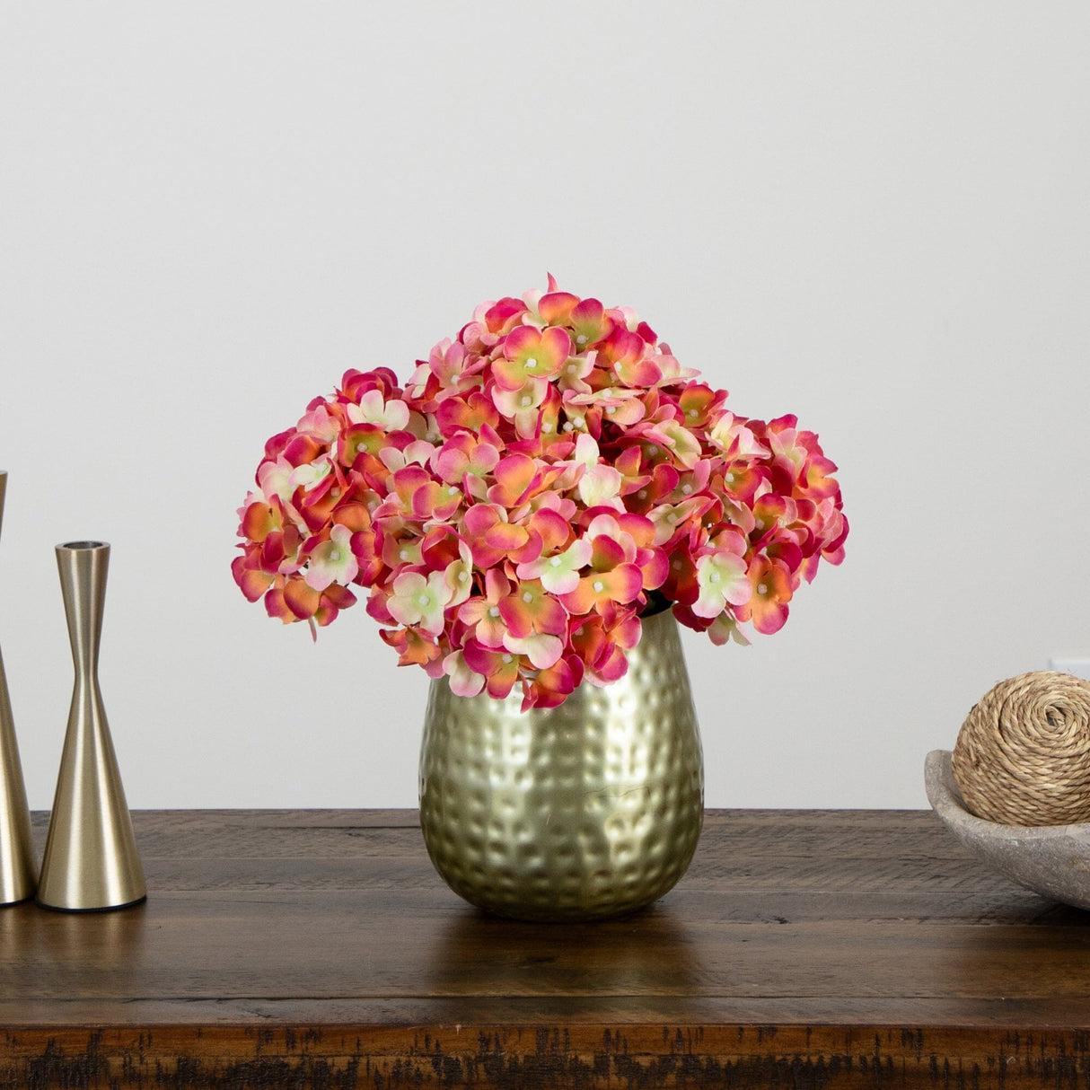 11” Artificial Hydrangea Arrangement in Gold Metal Vase from Nearly Natural