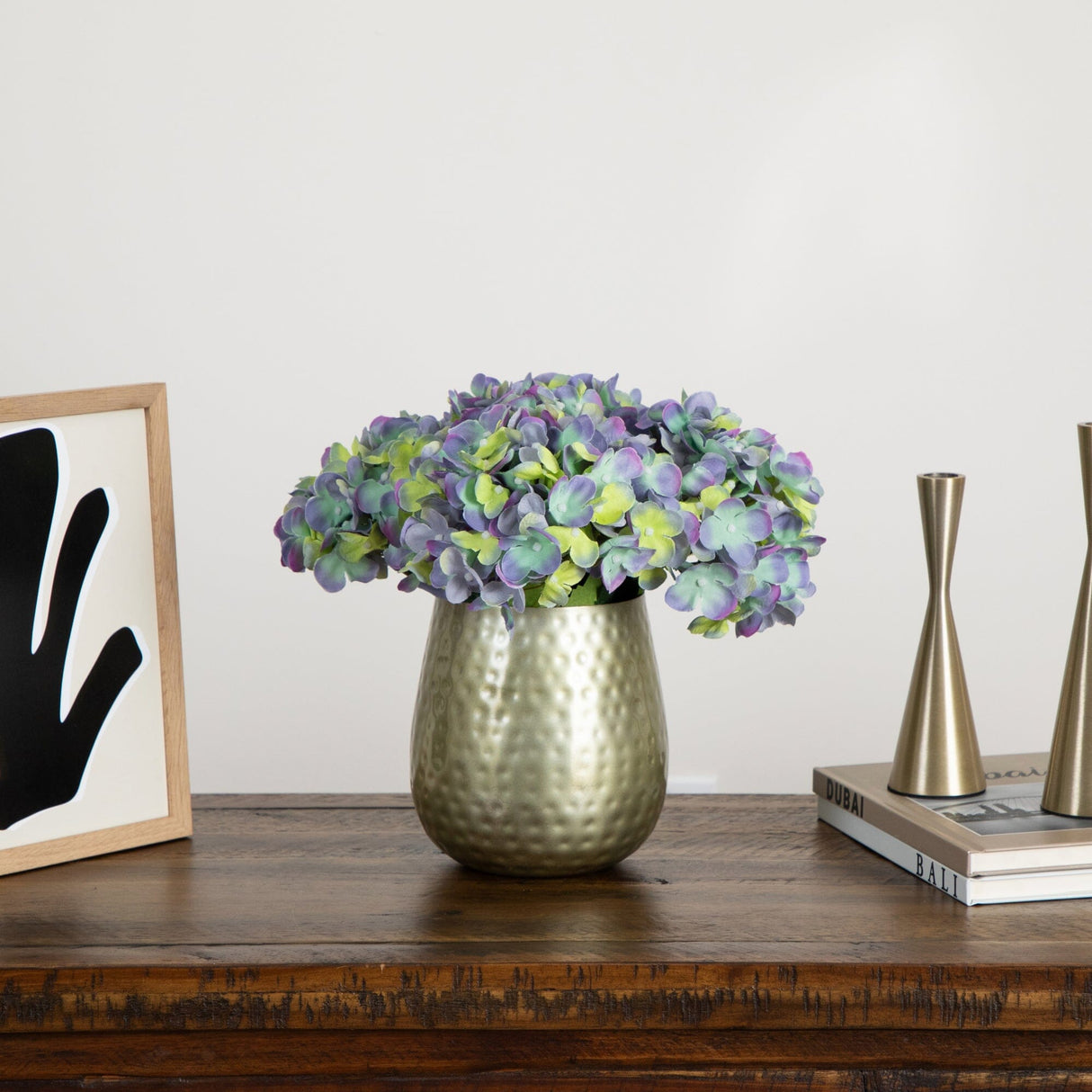 11” Artificial Hydrangea Arrangement in Gold Metal Vase from Nearly Natural