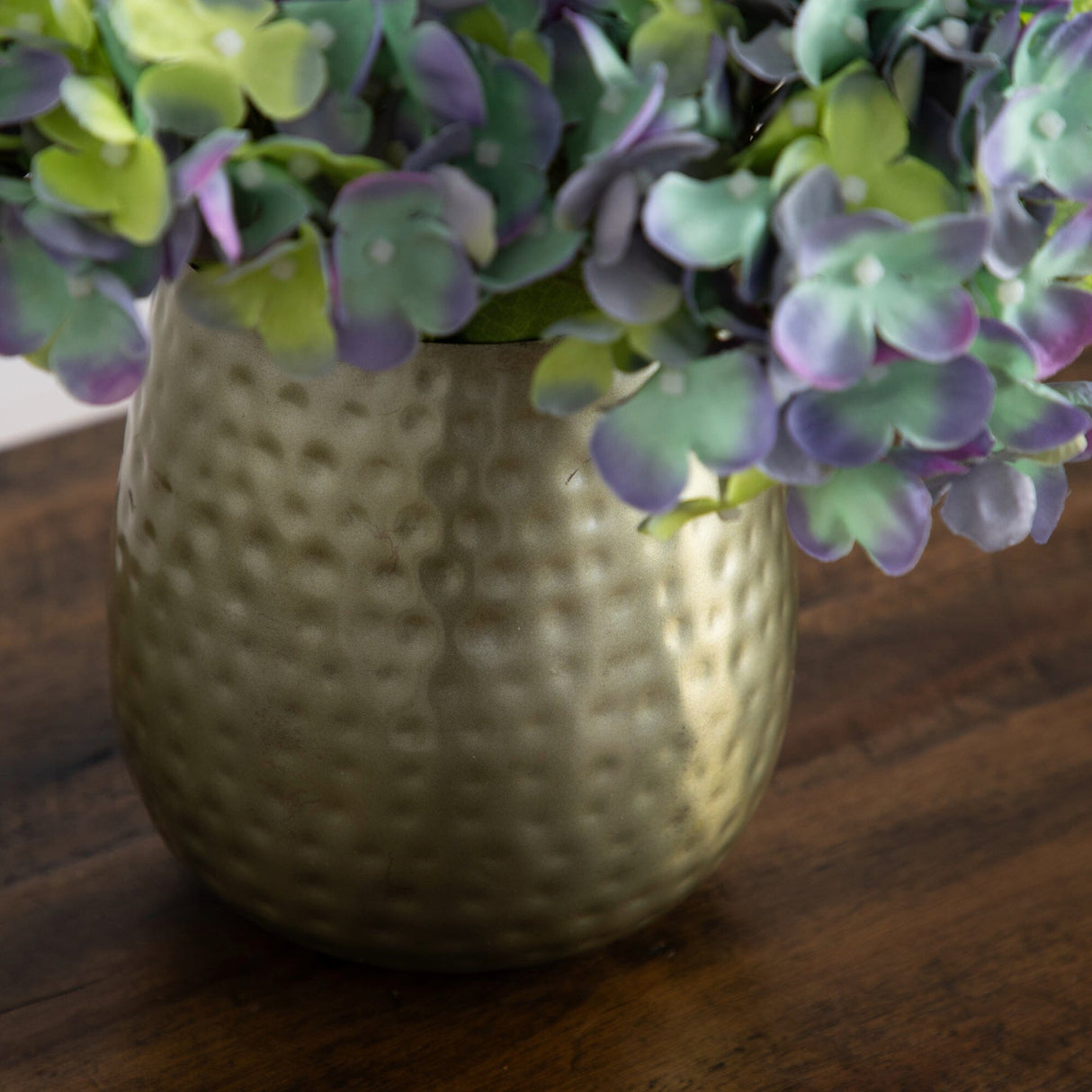 11” Artificial Hydrangea Arrangement in Gold Metal Vase from Nearly Natural