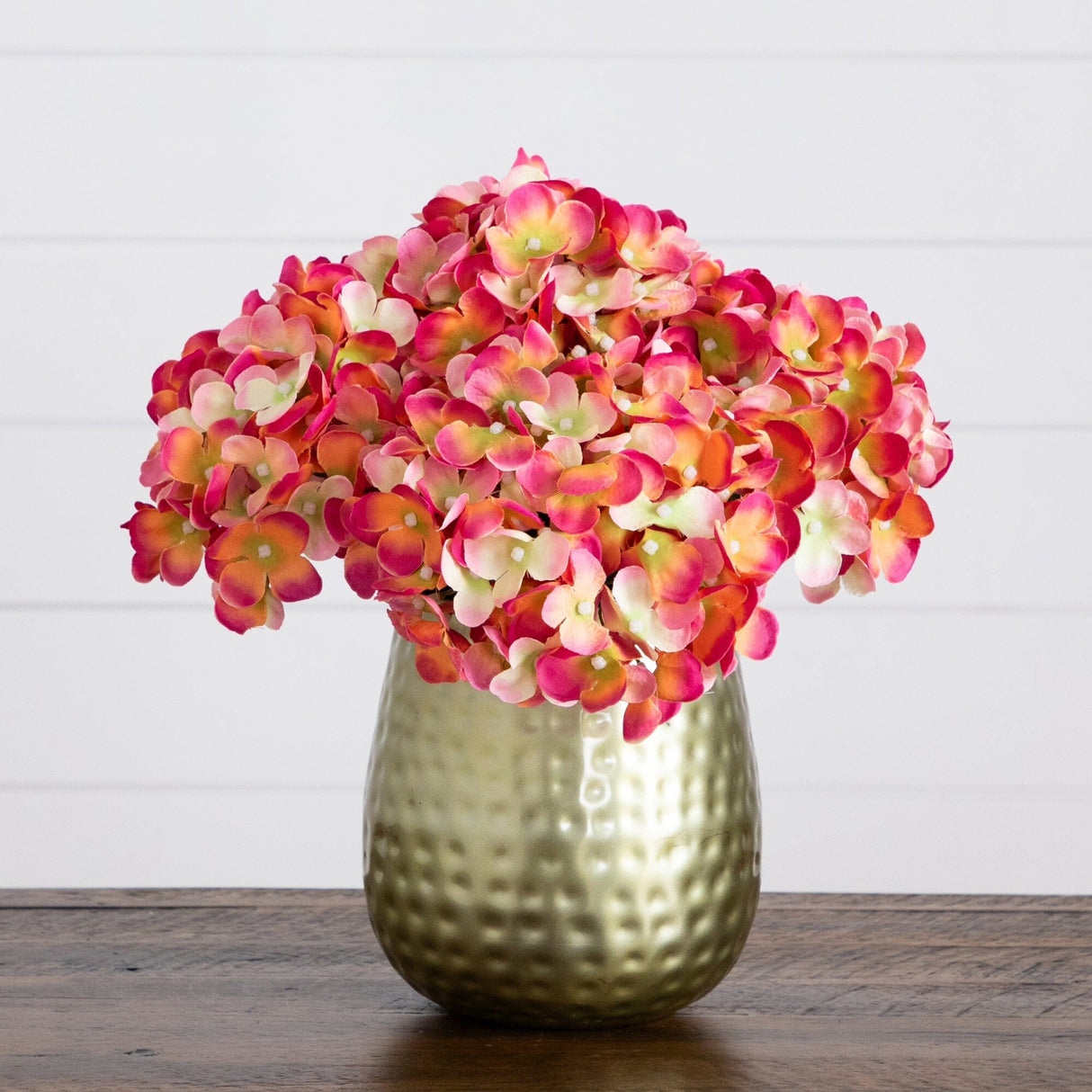 11” Artificial Hydrangea Arrangement in Gold Metal Vase from Nearly Natural