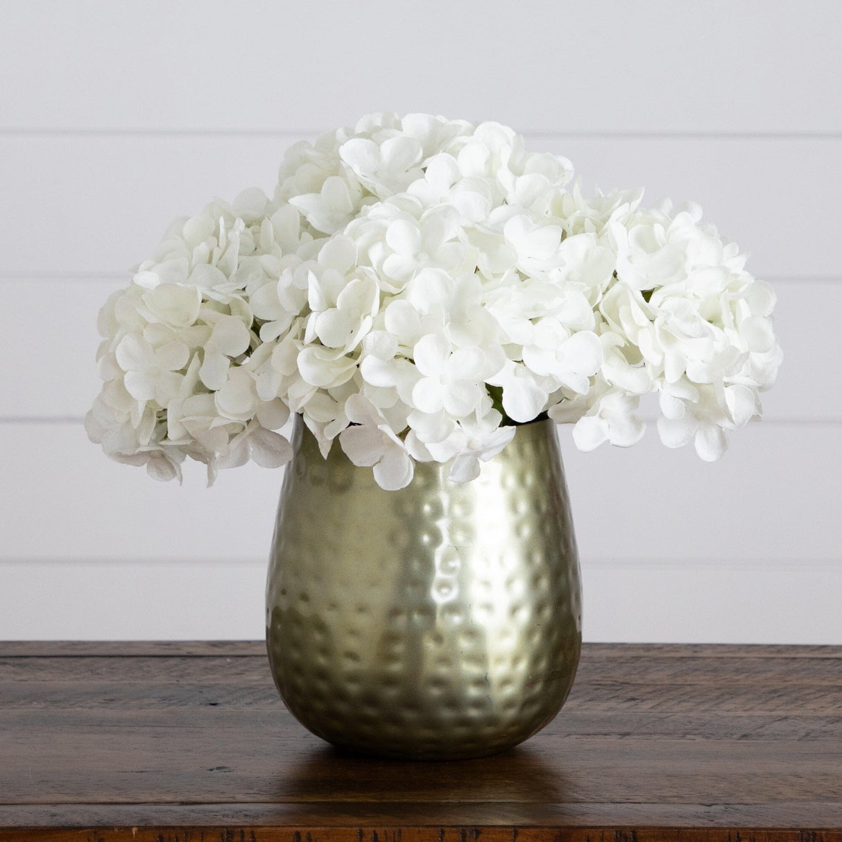 11” Artificial Hydrangea Arrangement in Gold Metal Vase from Nearly Natural