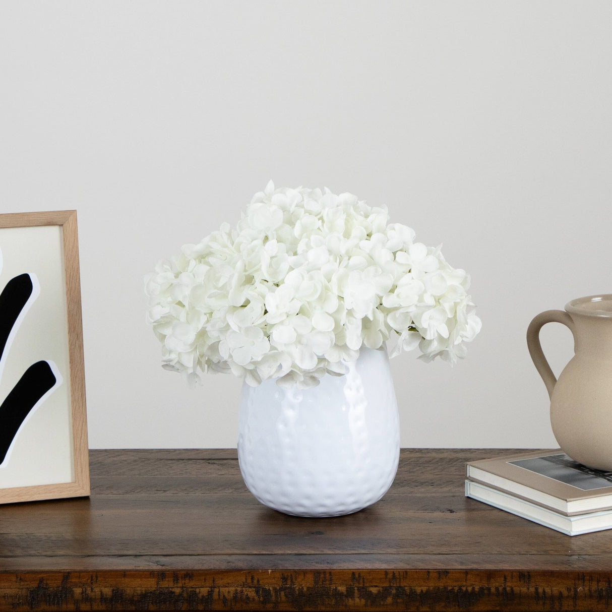 11” Artificial Hydrangea Arrangement in White Metal Vase from Nearly Natural