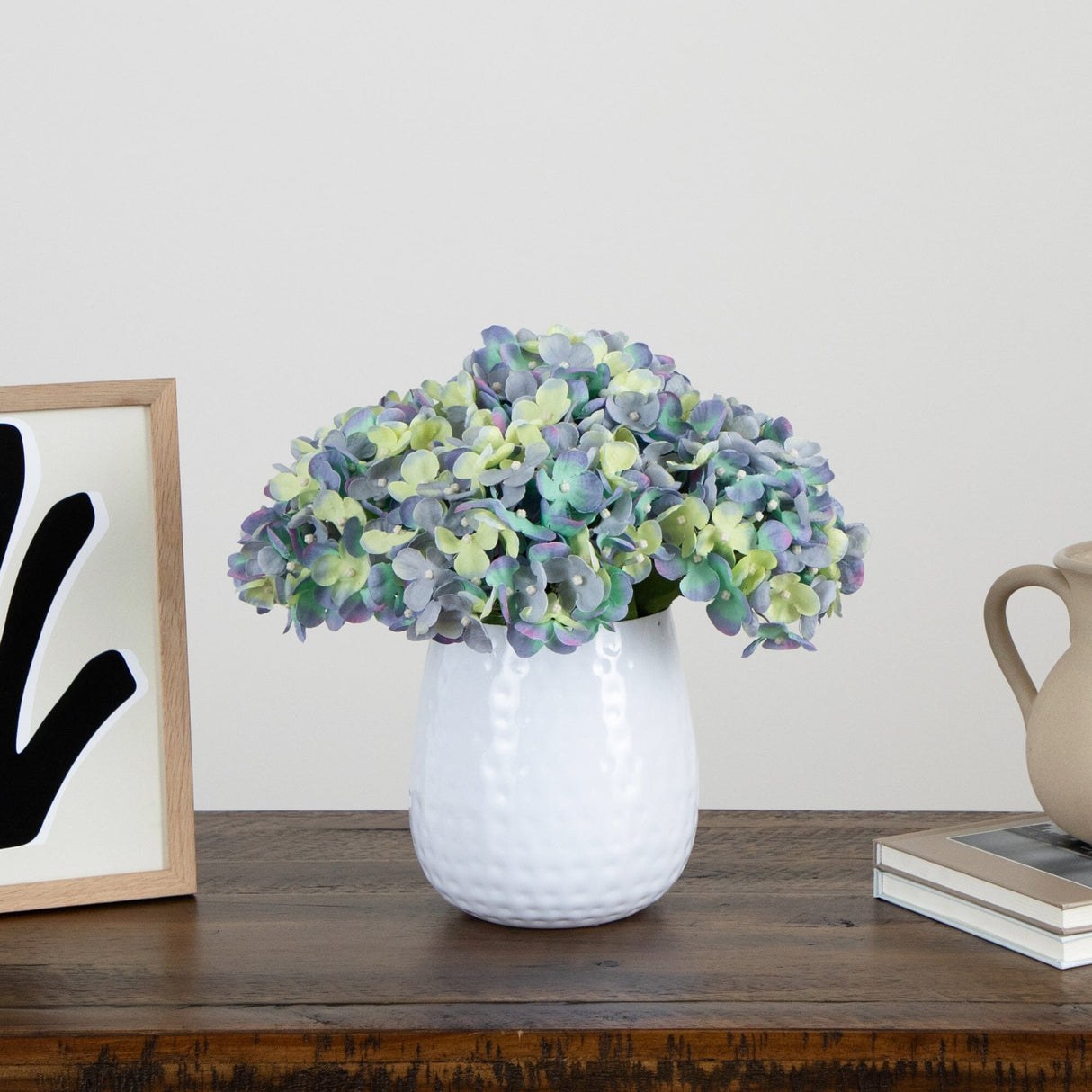 11” Artificial Hydrangea Arrangement in White Metal Vase from Nearly Natural
