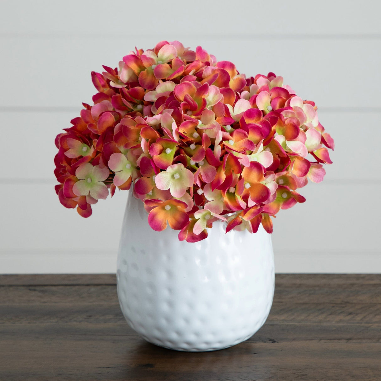 11” Artificial Hydrangea Arrangement in White Metal Vase from Nearly Natural