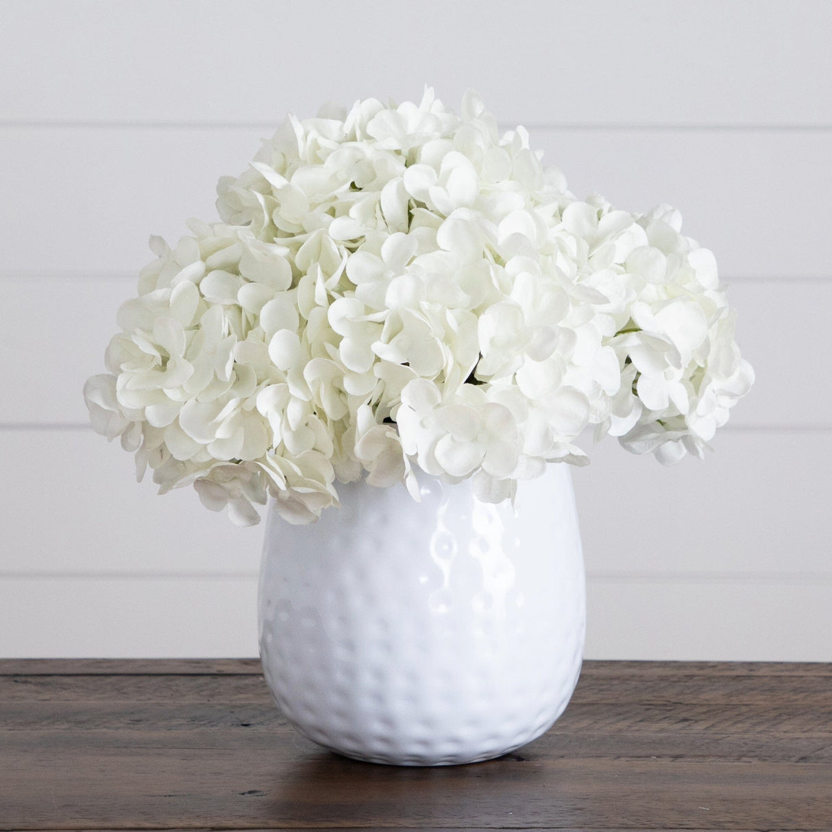 11” Artificial Hydrangea Arrangement in White Metal Vase from Nearly Natural
