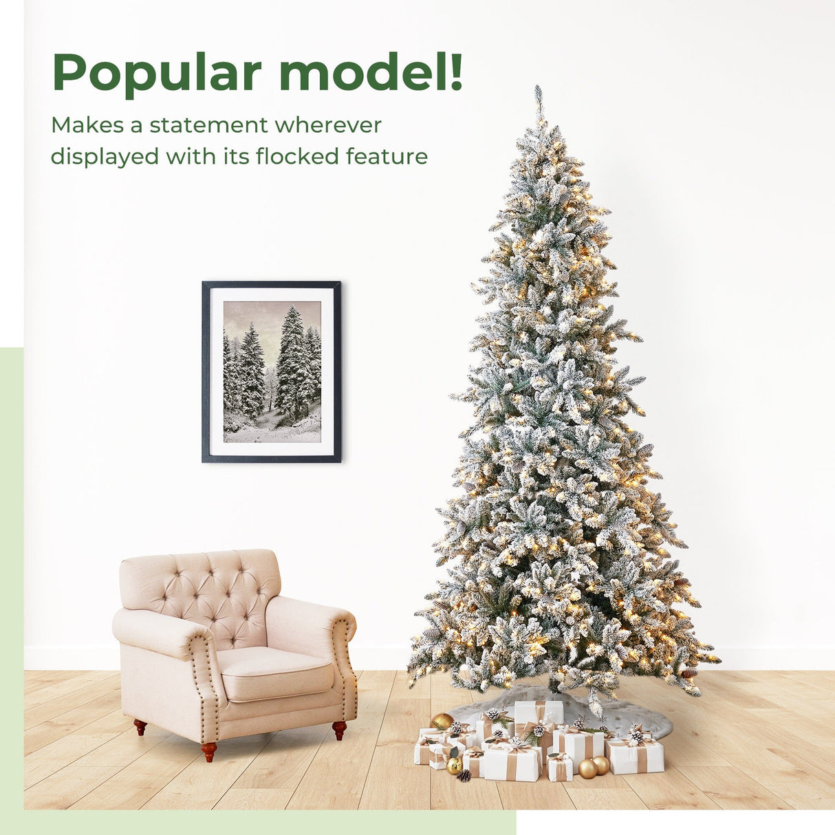 11’ Flocked Livingston Fir Artificial Christmas Tree with Pine Cones, 950 Clear Warm LED Lights and 3016 Bendable Branches from Nearly Natural