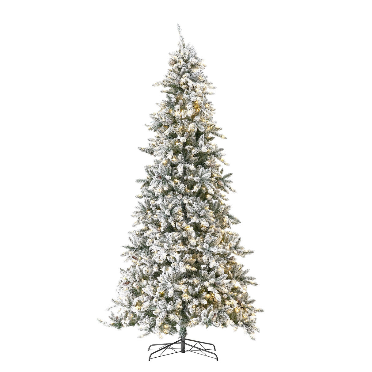 11’ Flocked Livingston Fir Artificial Christmas Tree with Pine Cones, 950 Clear Warm LED Lights and 3016 Bendable Branches from Nearly Natural