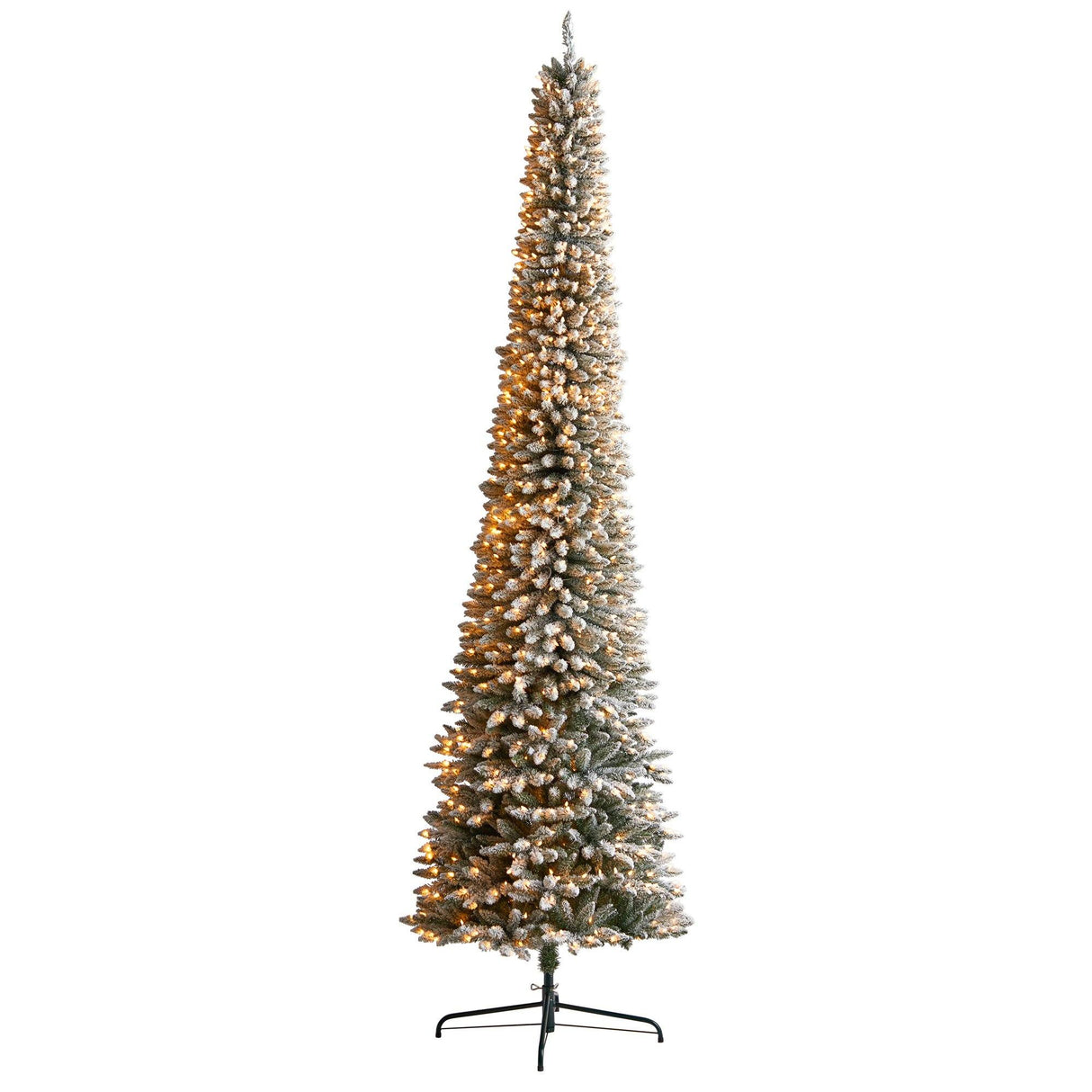 11’ Flocked Pencil Artificial Christmas Tree with 850 Clear Lights and 1435 Bendable Branches from Nearly Natural