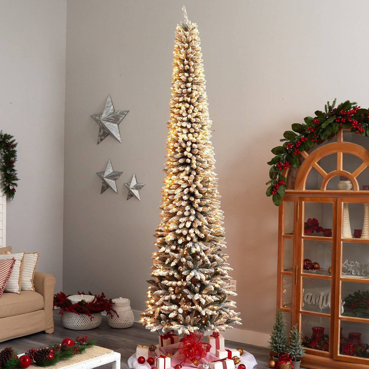 11’ Flocked Pencil Artificial Christmas Tree with 850 Clear Lights and 1435 Bendable Branches from Nearly Natural