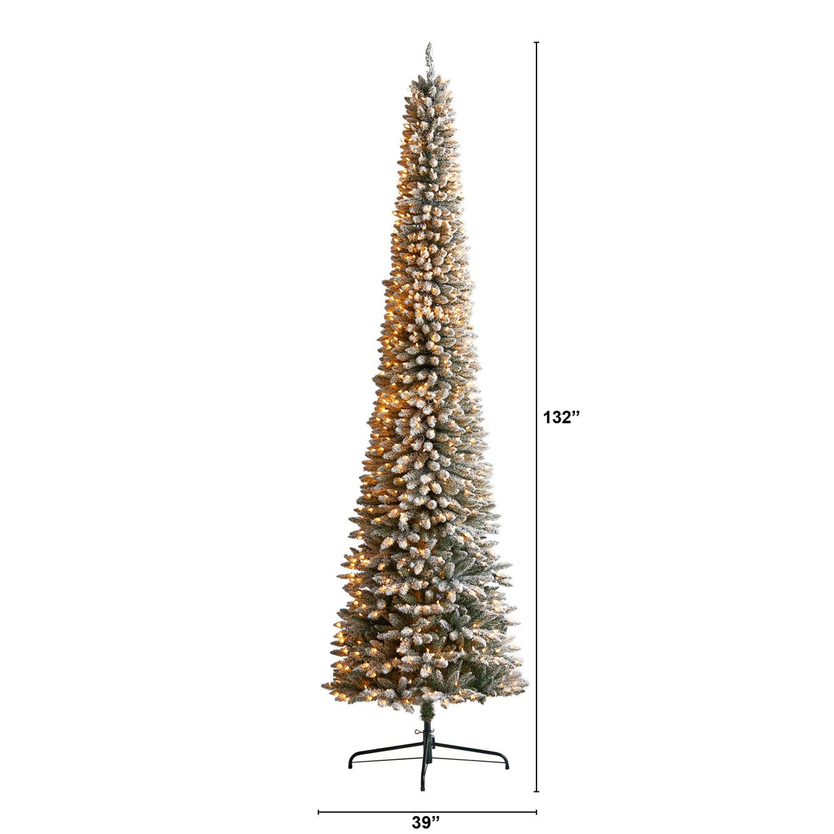 11’ Flocked Pencil Artificial Christmas Tree with 850 Clear Lights and 1435 Bendable Branches from Nearly Natural