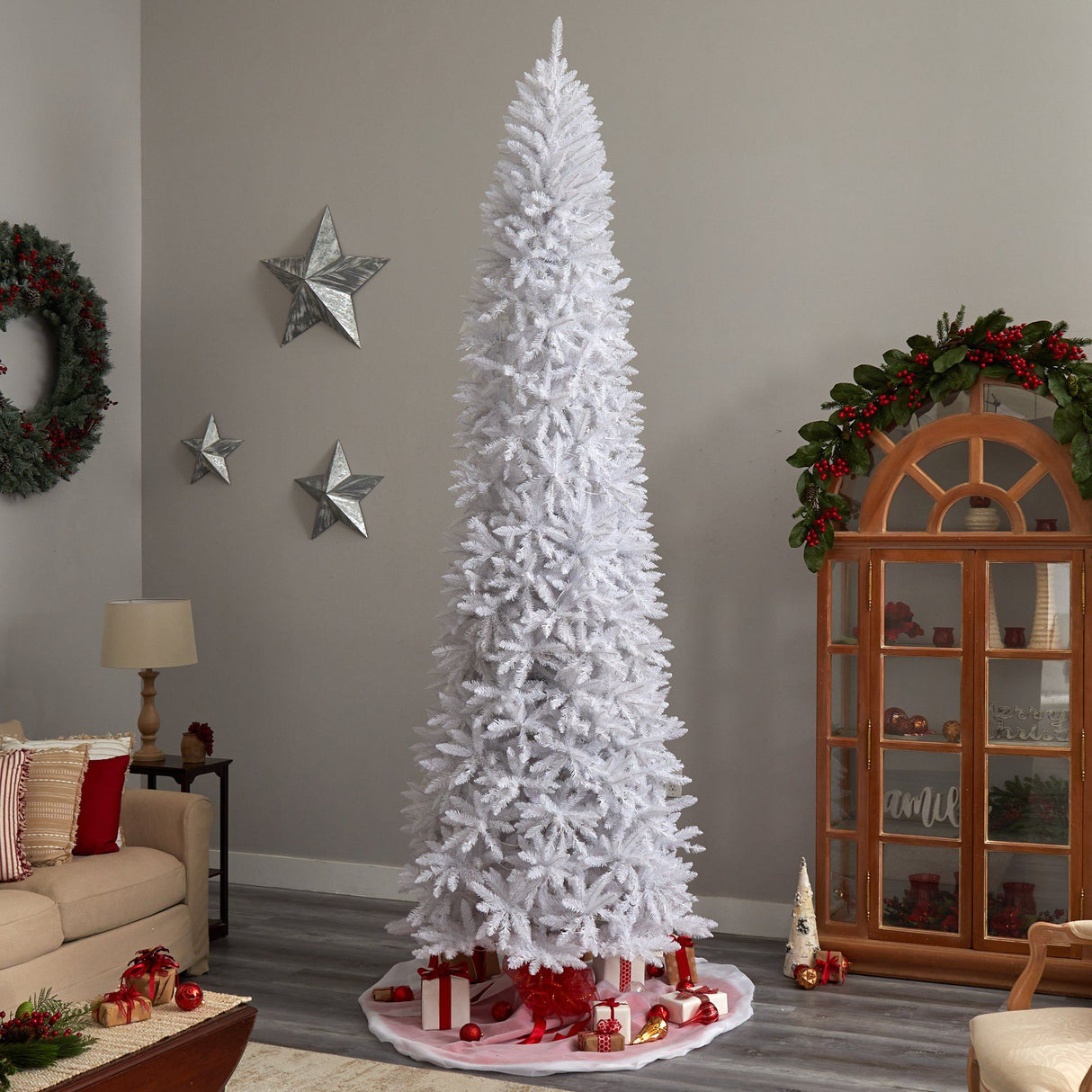 11’ Slim White Artificial Christmas Tree with 950 Warm White LED Lights and 2836 Bendable Branches from Nearly Natural