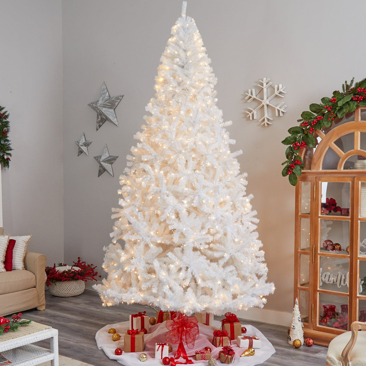 11' White Artificial Christmas Tree with 2720 Bendable Branches and 1000 LED Lights from Nearly Natural