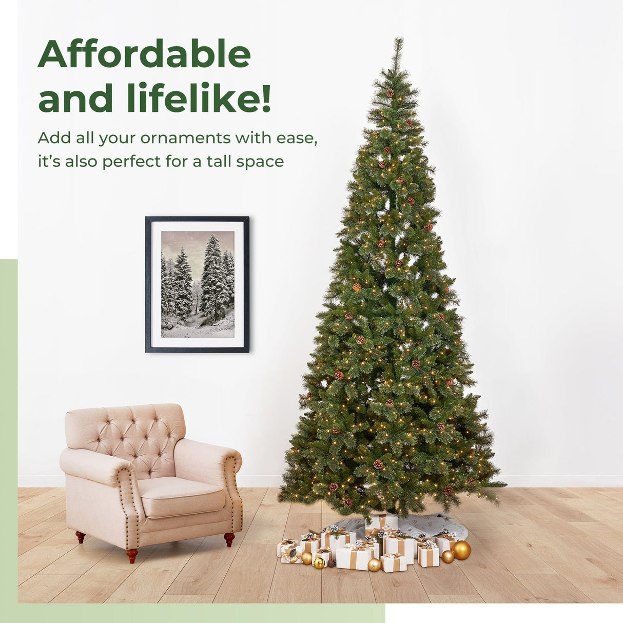 11’ White Mountain Pine Artificial Christmas Tree with 1050 Clear LED Lights, Pine Cones and 2395 Bendable Branches from Nearly Natural
