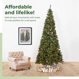11’ White Mountain Pine Artificial Christmas Tree with 1050 Clear LED Lights, Pine Cones and 2395 Bendable Branches from Nearly Natural