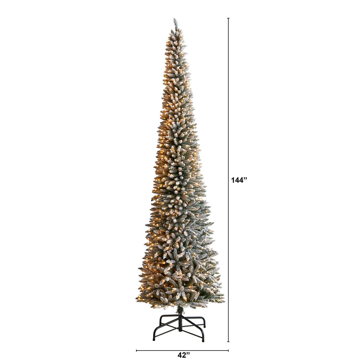 12’ Flocked Pencil Artificial Christmas Tree with 1000 Clear Lights and 1819 Bendable Branches from Nearly Natural