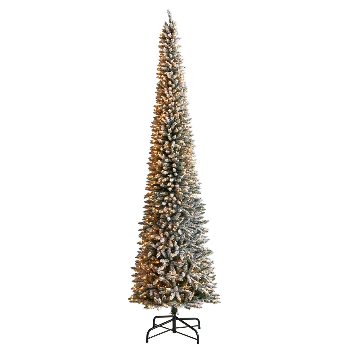 12’ Flocked Pencil Artificial Christmas Tree with 1000 Clear Lights and 1819 Bendable Branches from Nearly Natural