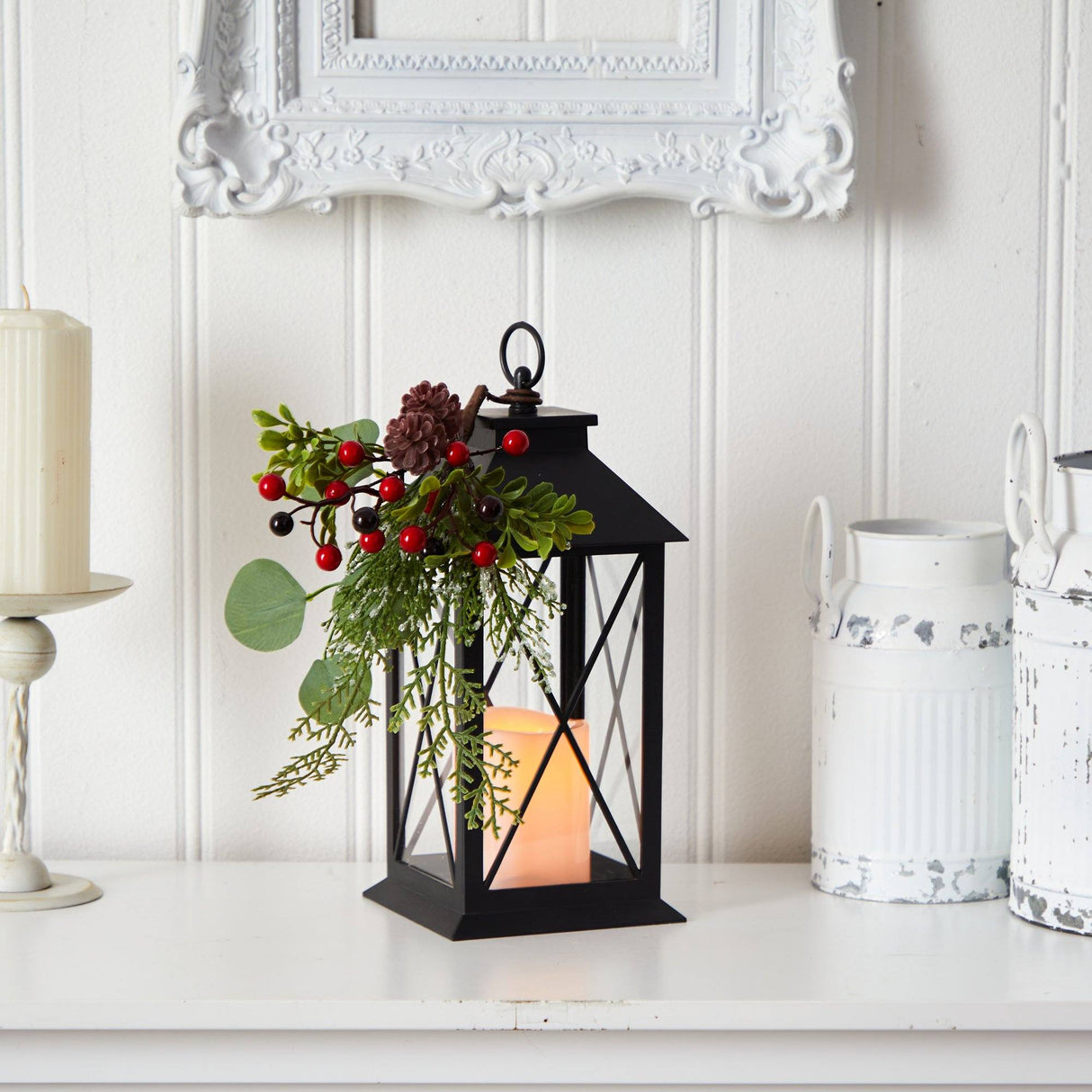 12" Holiday Berries and Greenery Metal Lantern Table Christmas Arrangement with LED Candle Included" from Nearly Natural