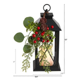 12" Holiday Berries and Greenery Metal Lantern Table Christmas Arrangement with LED Candle Included" from Nearly Natural