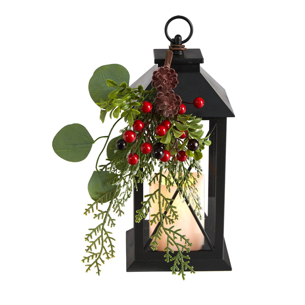 12" Holiday Berries and Greenery Metal Lantern Table Christmas Arrangement with LED Candle Included" from Nearly Natural