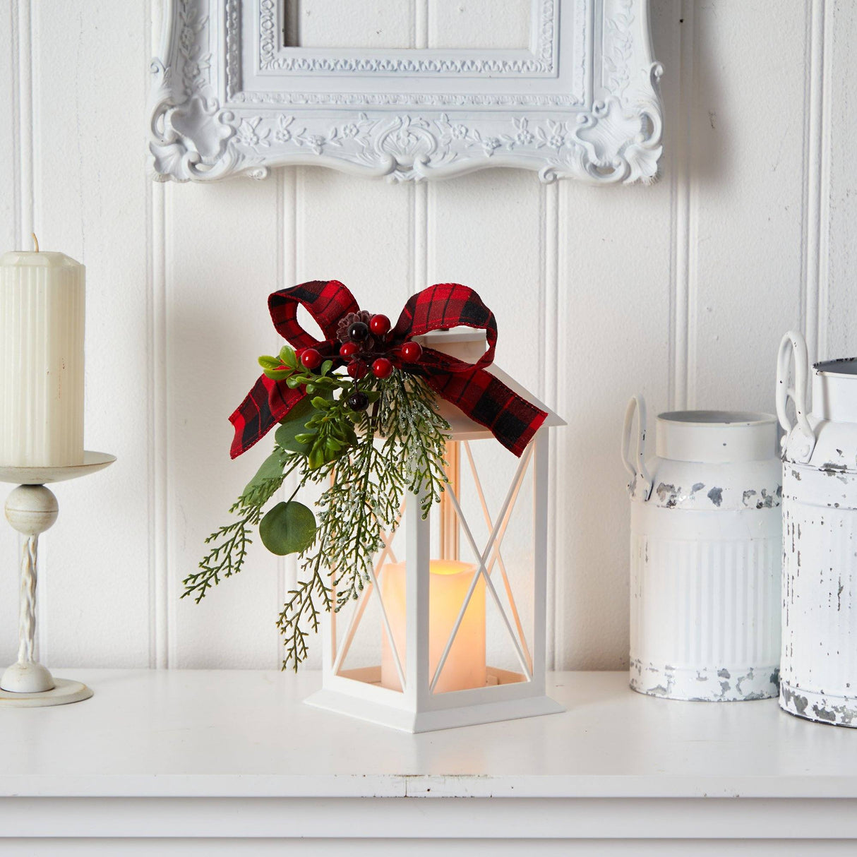 12" Holiday White Lantern With Berries, Pine and Plaid Bow Christmas Table Arrangement" from Nearly Natural