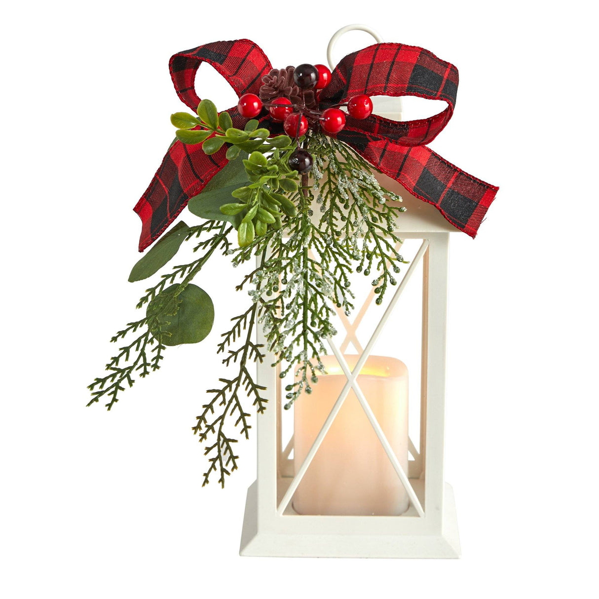 12" Holiday White Lantern With Berries, Pine and Plaid Bow Christmas Table Arrangement" from Nearly Natural