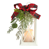 12" Holiday White Lantern With Berries, Pine and Plaid Bow Christmas Table Arrangement" from Nearly Natural