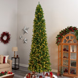 12’ Slim Green Mountain Pine Artificial Christmas Tree with 1100 Clear LED Lights and 3235 Tips from Nearly Natural