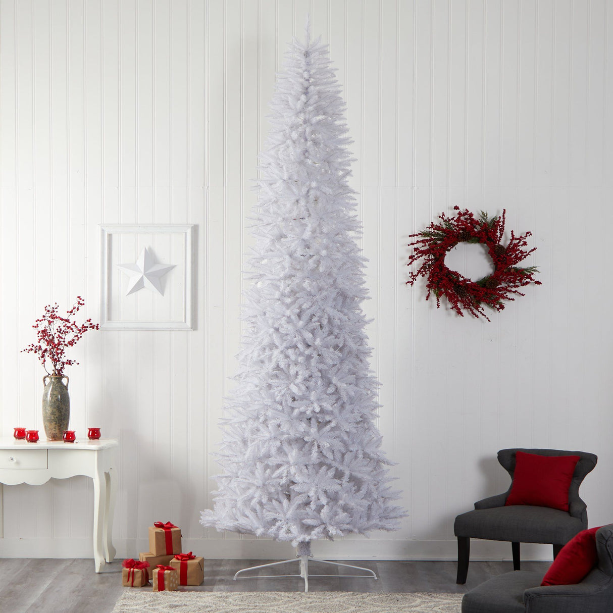 12’ Slim White Artificial Christmas Tree with 1100 Warm White LED Lights and 3235 Bendable Branches from Nearly Natural