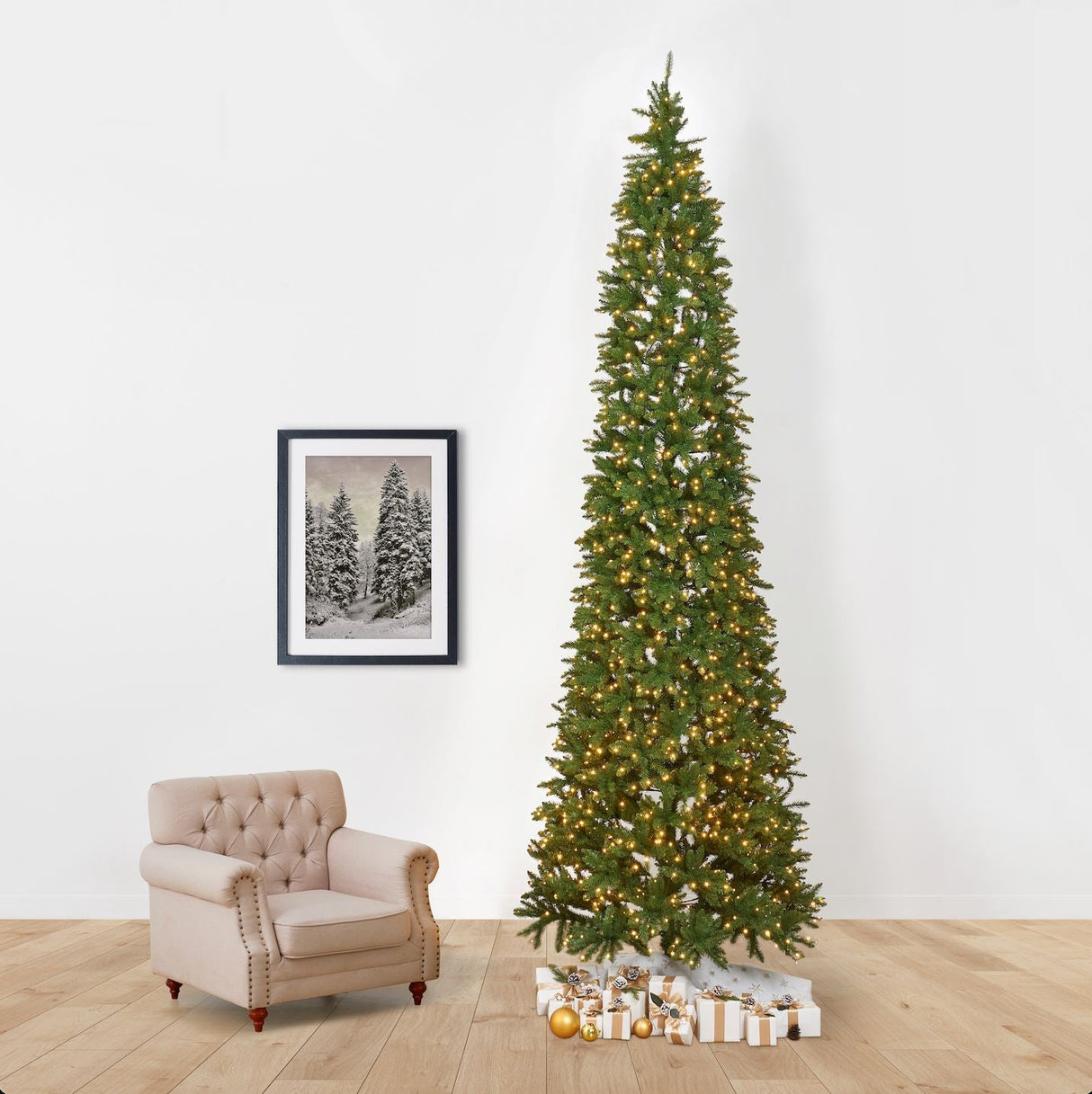 13’ Artificial Slim Green Mountain Pine Christmas Tree with 1360 Warm White LED Lights and 3924 Bendable Branches from Nearly Natural