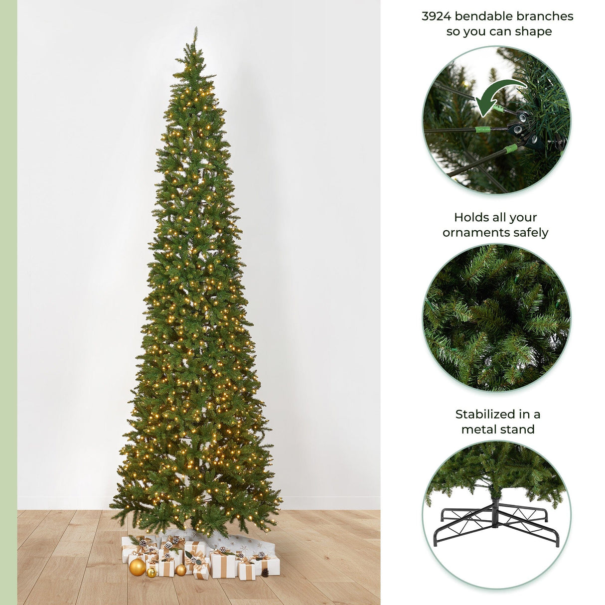 13’ Artificial Slim Green Mountain Pine Christmas Tree with 1360 Warm White LED Lights and 3924 Bendable Branches from Nearly Natural