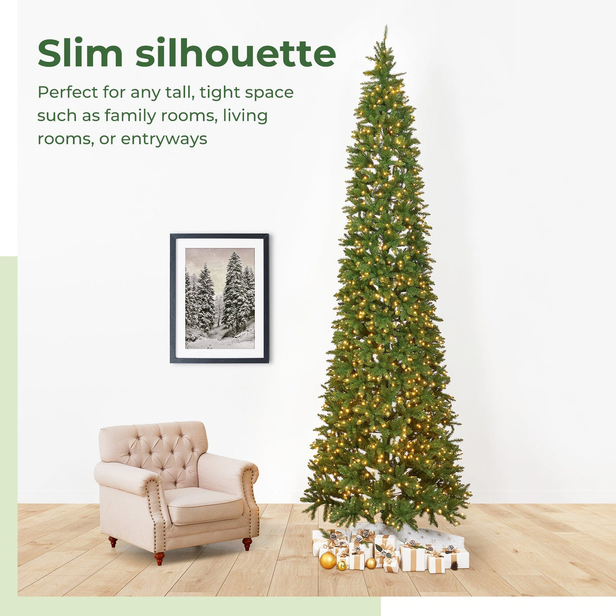 13’ Artificial Slim Green Mountain Pine Christmas Tree with 1360 Warm White LED Lights and 3924 Bendable Branches from Nearly Natural