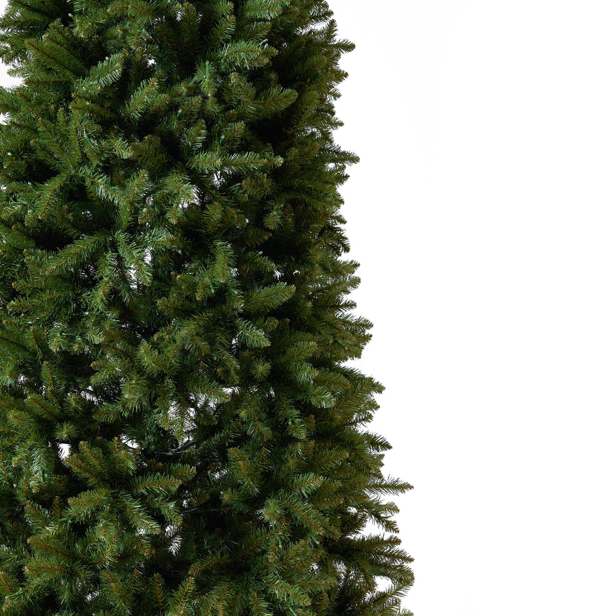 13’ Artificial Slim Green Mountain Pine Christmas Tree with 1360 Warm White LED Lights and 3924 Bendable Branches from Nearly Natural