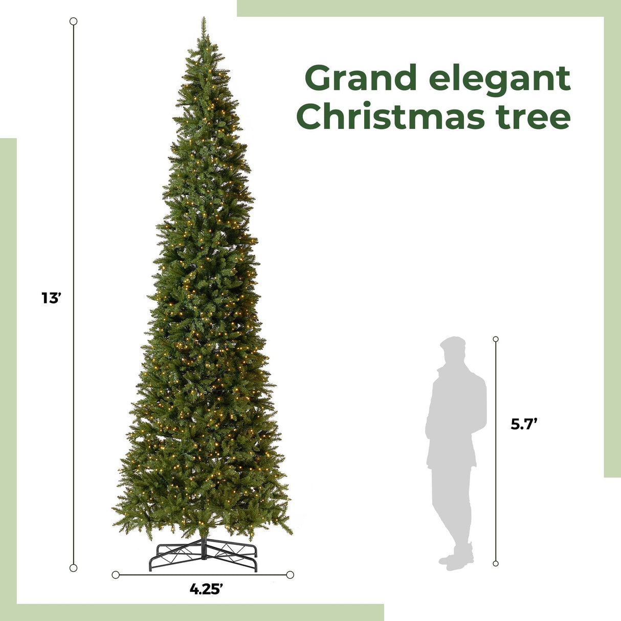 13’ Artificial Slim Green Mountain Pine Christmas Tree with 1360 Warm White LED Lights and 3924 Bendable Branches from Nearly Natural