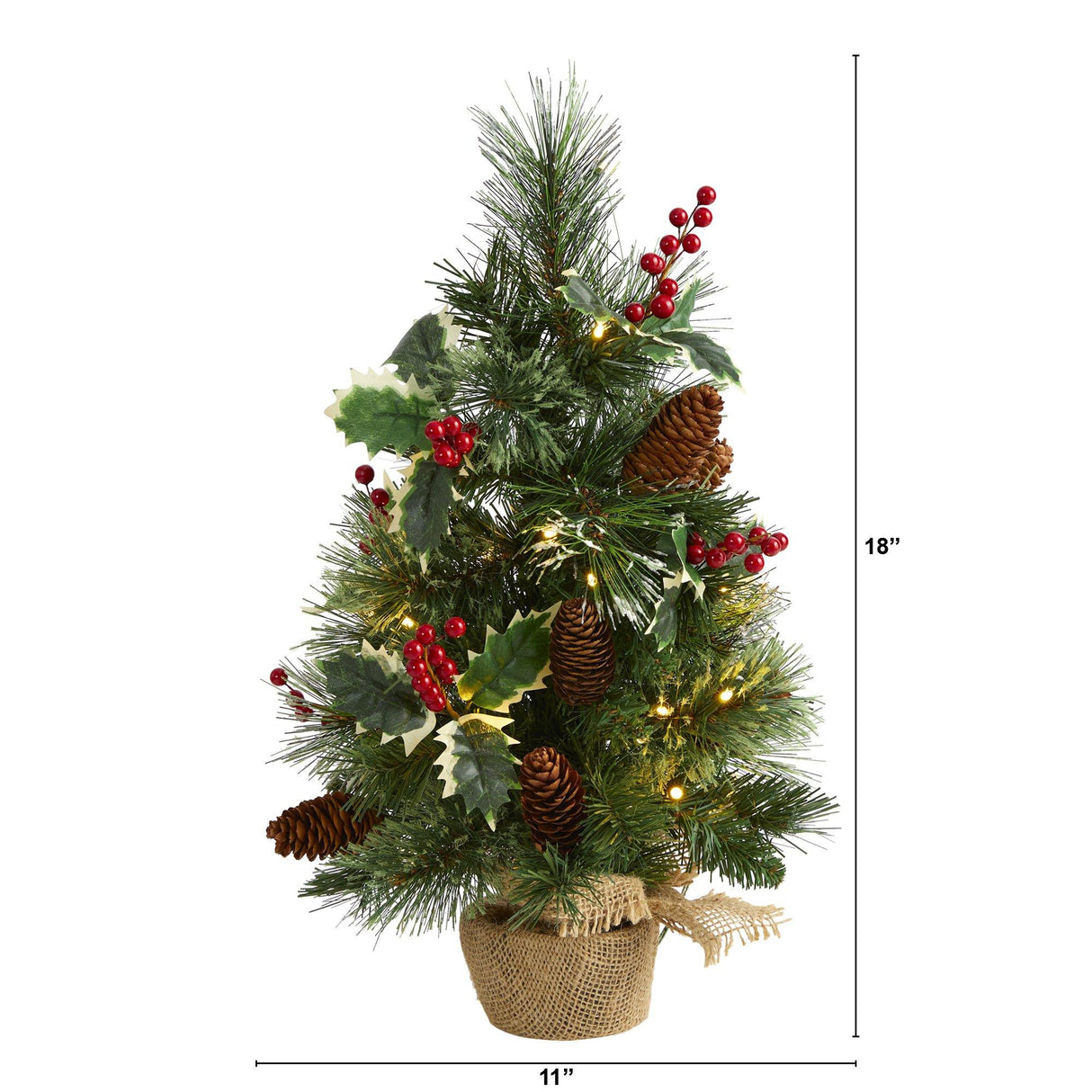 18” Mixed Pine Artificial Christmas Tree with Holly Berries, Pinecones, 35 Clear LED Lights and Burlap Base from Nearly Natural