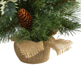 18” Mixed Pine Artificial Christmas Tree with Holly Berries, Pinecones, 35 Clear LED Lights and Burlap Base from Nearly Natural