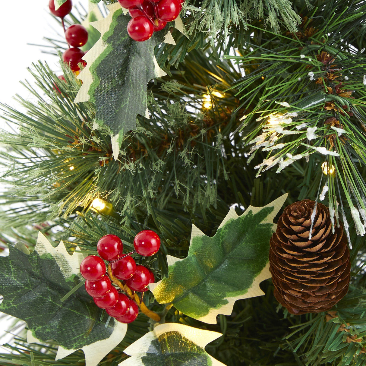 18” Mixed Pine Artificial Christmas Tree with Holly Berries, Pinecones, 35 Clear LED Lights and Burlap Base from Nearly Natural