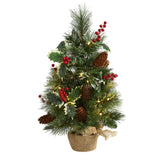18” Mixed Pine Artificial Christmas Tree with Holly Berries, Pinecones, 35 Clear LED Lights and Burlap Base from Nearly Natural