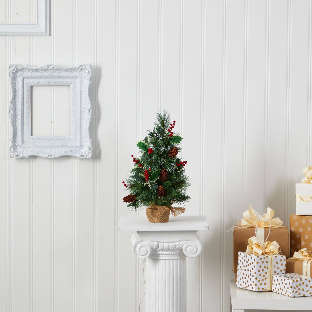 18” Mixed Pine Artificial Christmas Tree with Holly Berries, Pinecones, 35 Clear LED Lights and Burlap Base from Nearly Natural
