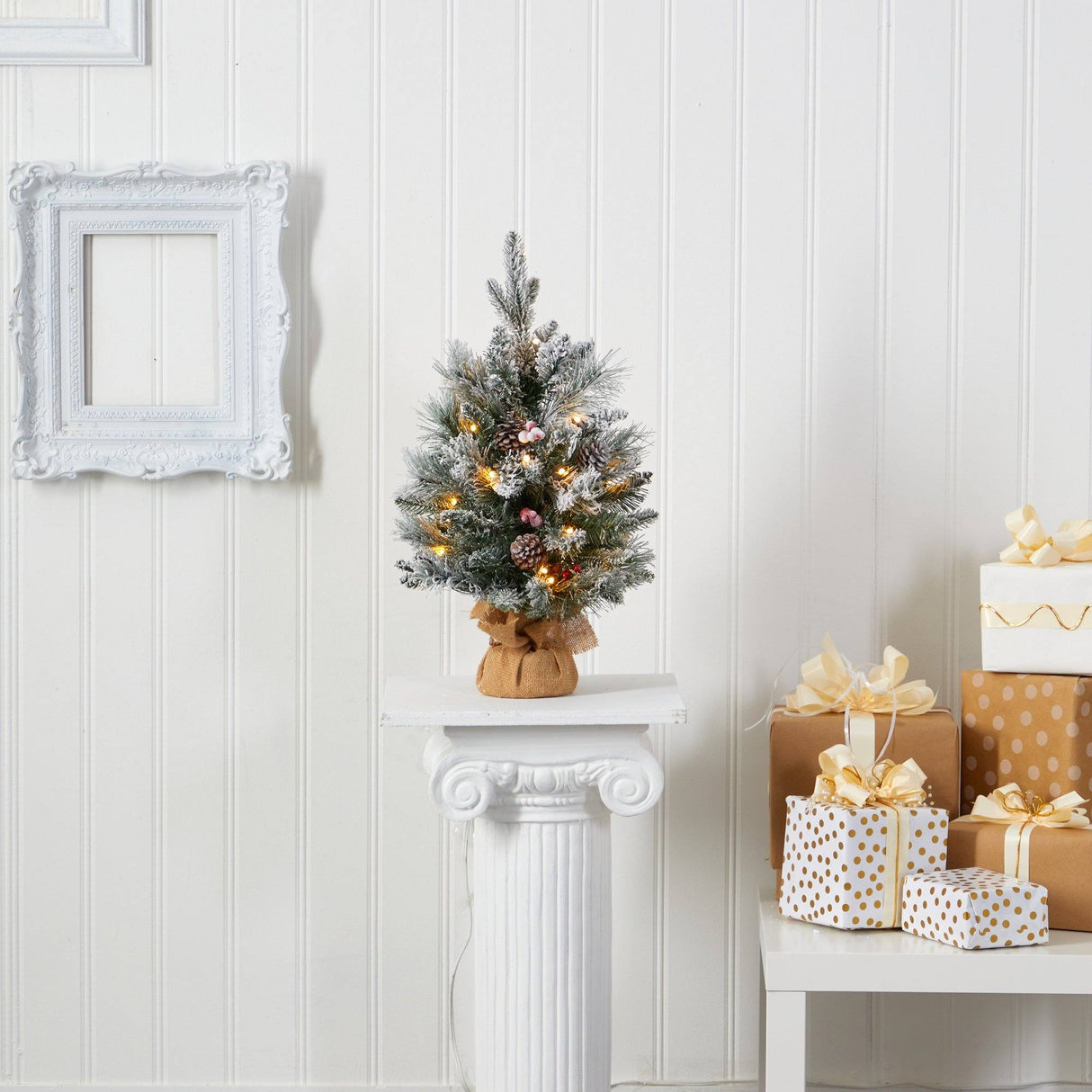 2' Flocked Artificial Christmas Tree with 30 Clear Lights, 73 Bendable Branches, Pine Cones and Berries from Nearly Natural