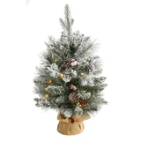 2' Flocked Artificial Christmas Tree with 30 Clear Lights, 73 Bendable Branches, Pine Cones and Berries from Nearly Natural