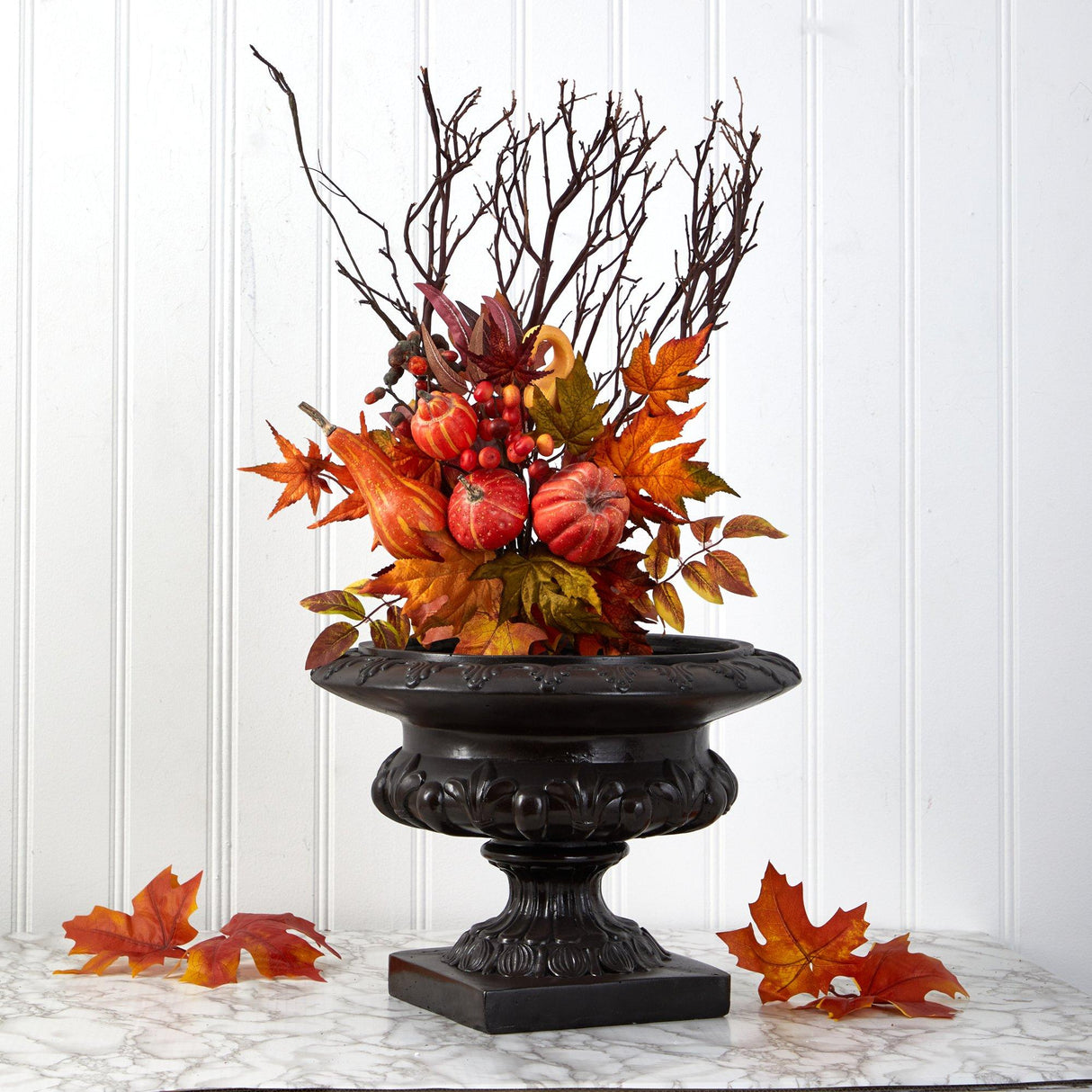 20” Pumpkin and Maple Leaf Artificial Flower Bouquet (Set of 2) from Nearly Natural