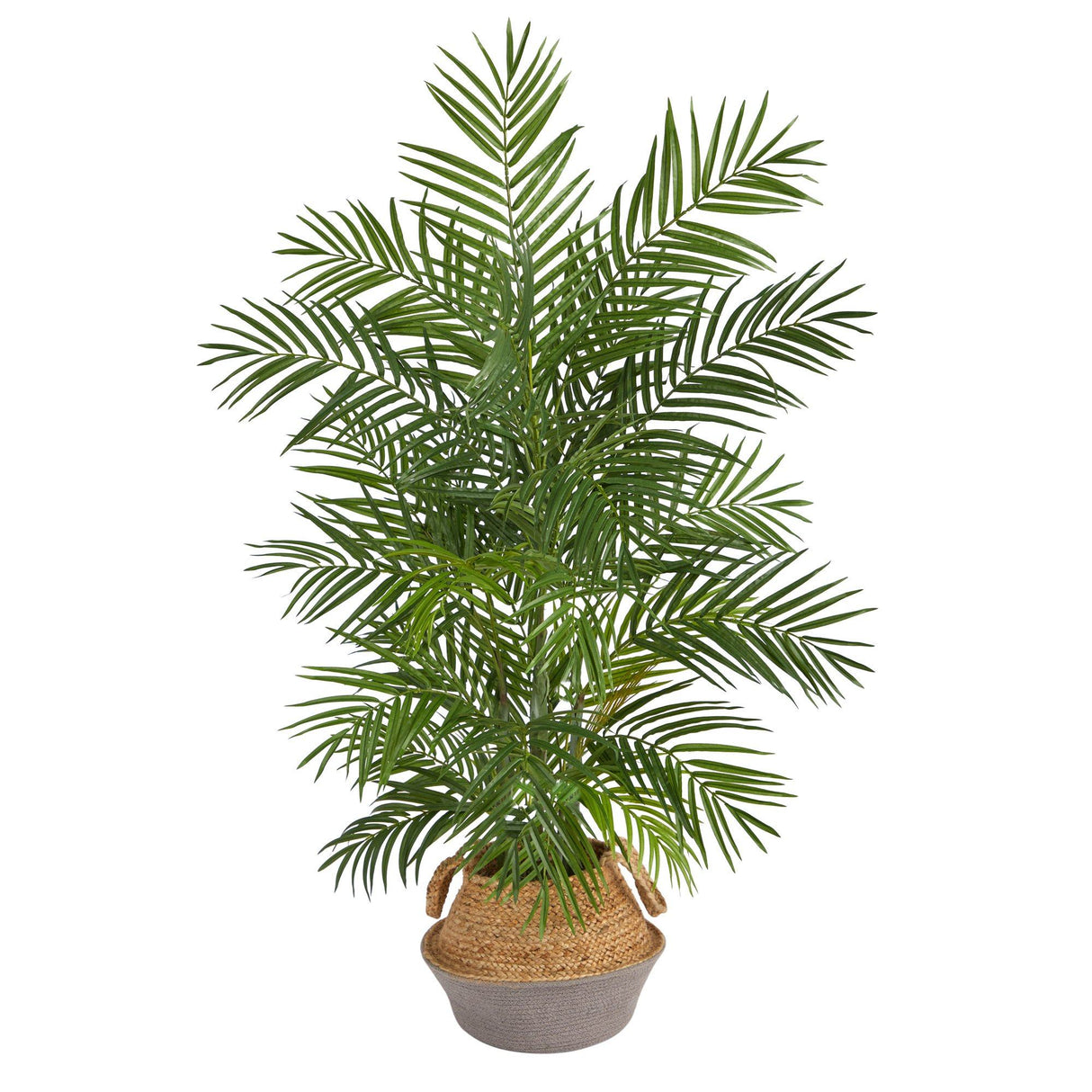 Areca 4' Artificial Palm Branches in Boho Chic Handmade Cotton & Jute Gray Woven Planter from Nearly Natural