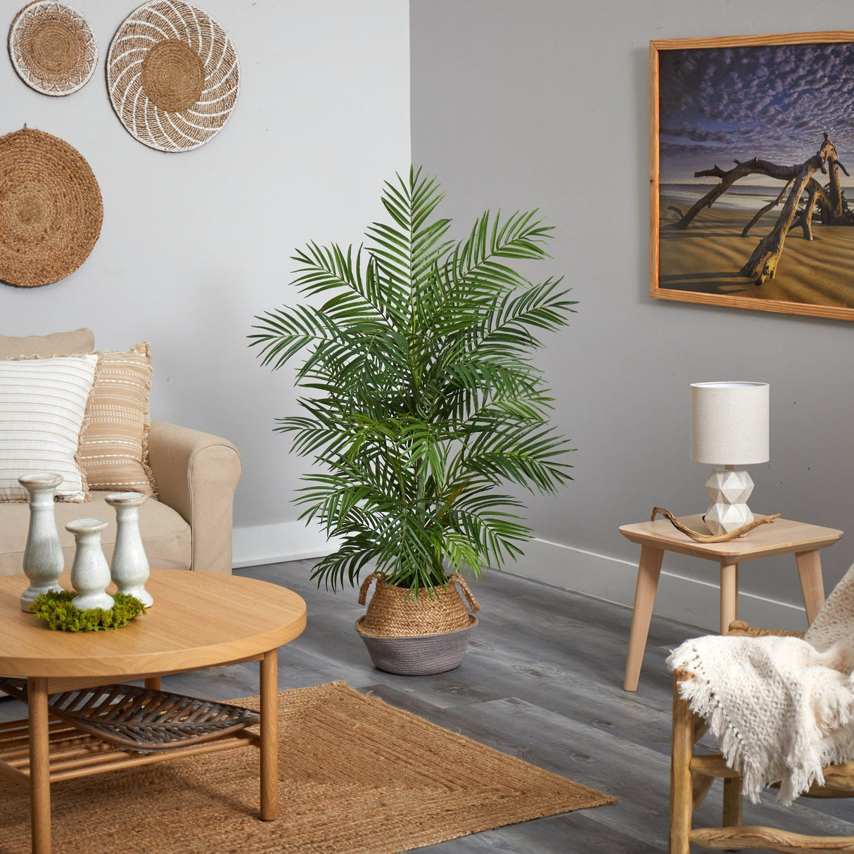 Areca 4' Artificial Palm Branches in Boho Chic Handmade Cotton & Jute Gray Woven Planter from Nearly Natural