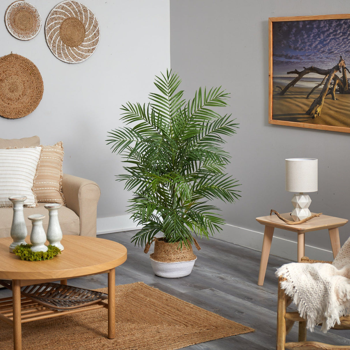 Areca 4' Artificial Palm in Boho Chic Handmade Cotton & Jute White Woven Planter from Nearly Natural