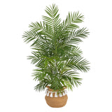 Areca 4' Artificial Palm in Boho Chic Handmade Natural Cotton Woven Planter with Tassels from Nearly Natural