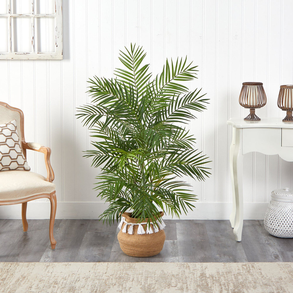 Areca 4' Artificial Palm in Boho Chic Handmade Natural Cotton Woven Planter with Tassels from Nearly Natural